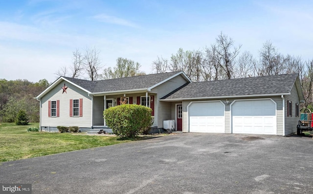 ranch-style house featuring aphalt driveway, roof with shingles, covered porch, an attached garage, and a front lawn