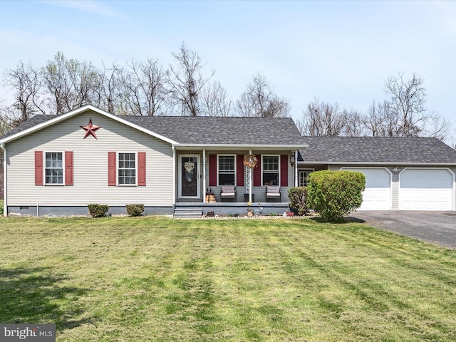 ranch-style house with a garage, a porch, driveway, and a front yard