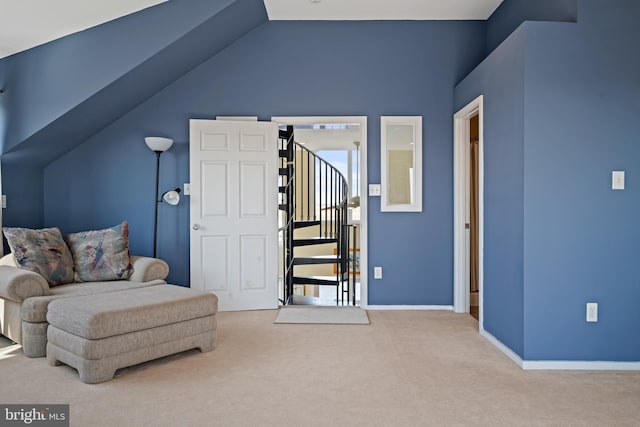 510 Bay Point Rd, Cedarville, NJ 08311 - living area with stairway, carpet floors, lofted ceiling, and baseboards