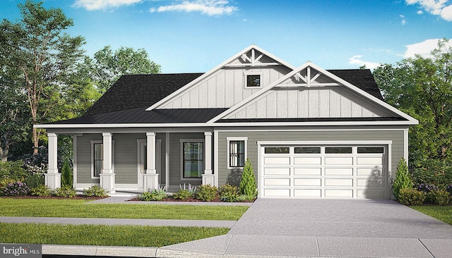 view of front of house featuring a porch, concrete driveway, a front lawn, a garage, and board and batten siding