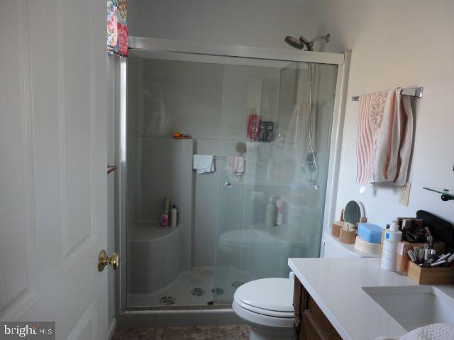 bathroom with vanity, a shower stall, and toilet