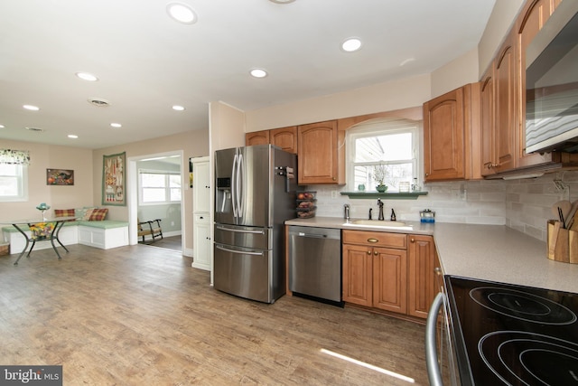 kitchen featuring light countertops, light wood-type flooring, a sink, a wealth of natural light, and appliances with stainless steel finishes
