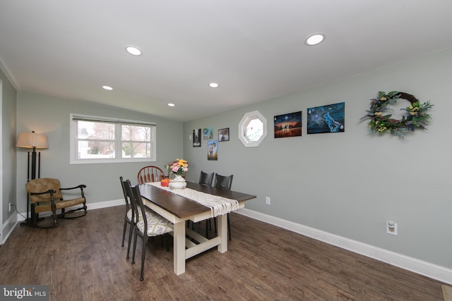 dining space with baseboards, dark wood-style floors, and recessed lighting