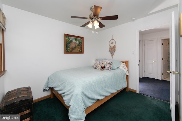 bedroom with carpet floors, baseboards, and ceiling fan