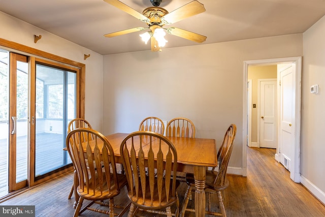 526 Baltimore Annapolis Blvd, Severna Park, MD 21146 - dining room featuring visible vents, baseboards, wood finished floors, and a ceiling fan