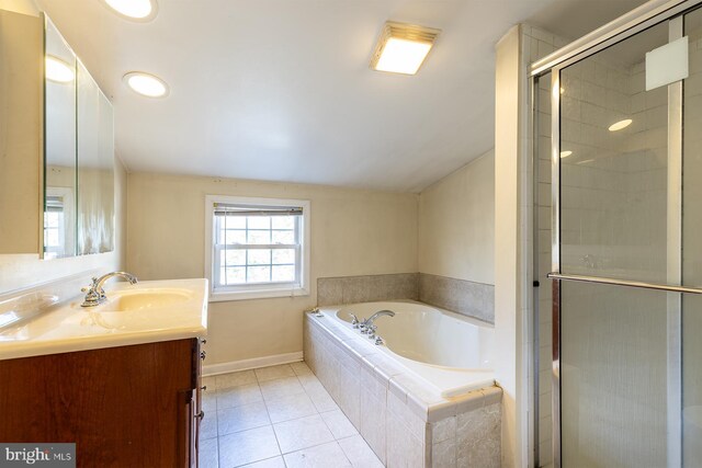 526 Baltimore Annapolis Blvd, Severna Park, MD 21146 - full bathroom featuring vanity, baseboards, tile patterned flooring, a shower stall, and a bath