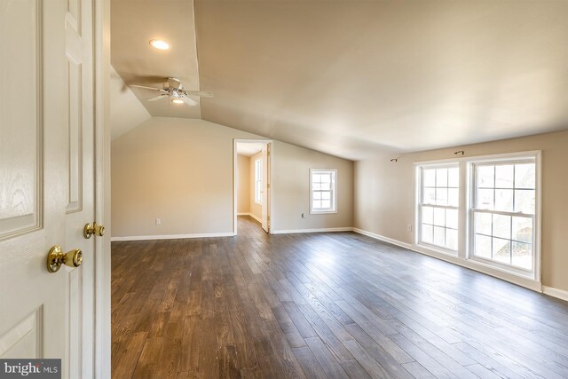 526 Baltimore Annapolis Blvd, Severna Park, MD 21146 - unfurnished room with dark wood-type flooring, vaulted ceiling, baseboards, and ceiling fan