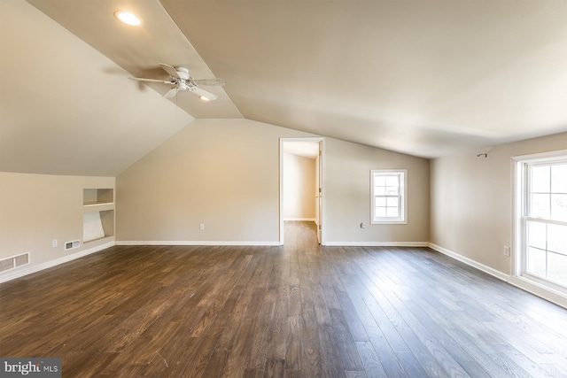 526 Baltimore Annapolis Blvd, Severna Park, MD 21146 - bonus room with visible vents, dark wood-style floors, a ceiling fan, and vaulted ceiling