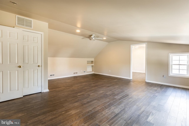 526 Baltimore Annapolis Blvd, Severna Park, MD 21146 - bonus room with lofted ceiling, visible vents, dark wood-type flooring, and ceiling fan