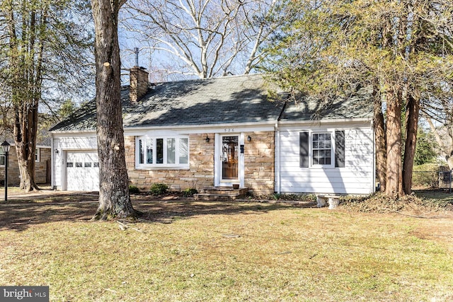 526 Baltimore Annapolis Blvd, Severna Park, MD 21146 - cape cod house with a garage, stone siding, a front yard, and a chimney