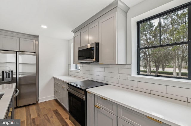 kitchen with decorative backsplash, appliances with stainless steel finishes, and gray cabinetry