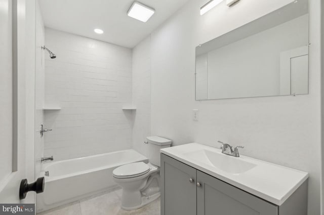 full bath featuring vanity, recessed lighting, tile patterned flooring, bathing tub / shower combination, and toilet