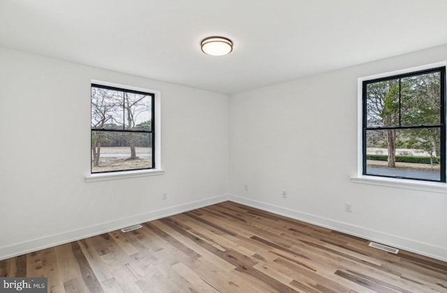 spare room with a wealth of natural light, baseboards, and wood finished floors