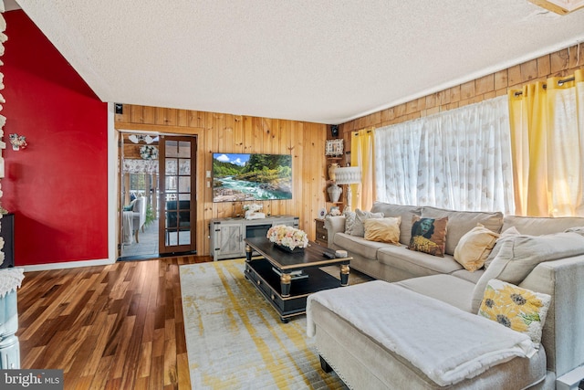 living area with wooden walls, wood finished floors, and a textured ceiling