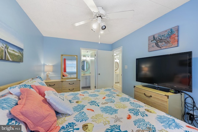 bedroom featuring ceiling fan and connected bathroom