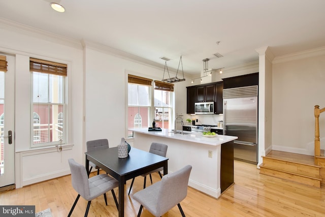 1210 R St NW Unit 313, Washington, DC 20009 - dining area featuring light wood-type flooring, ornamental molding, and baseboards