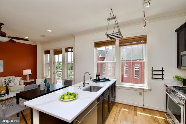 1210 R St NW Unit 313, Washington, DC 20009 - kitchen featuring a sink, appliances with stainless steel finishes, ornamental molding, light countertops, and light wood-style floors