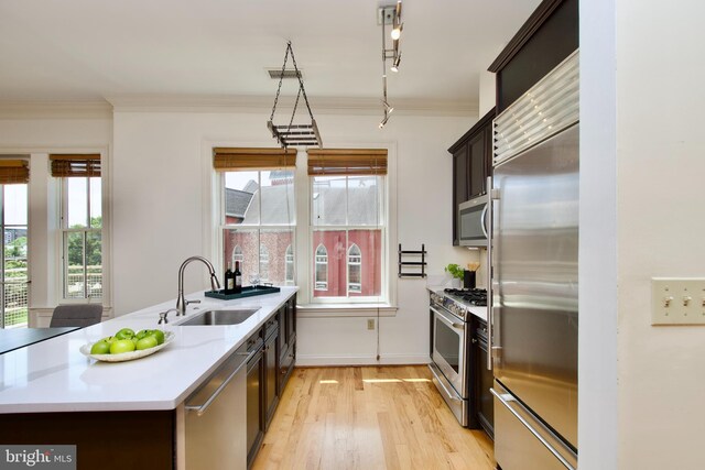 1210 R St NW Unit 313, Washington, DC 20009 - kitchen featuring stainless steel appliances, a sink, light countertops, light wood-style floors, and crown molding