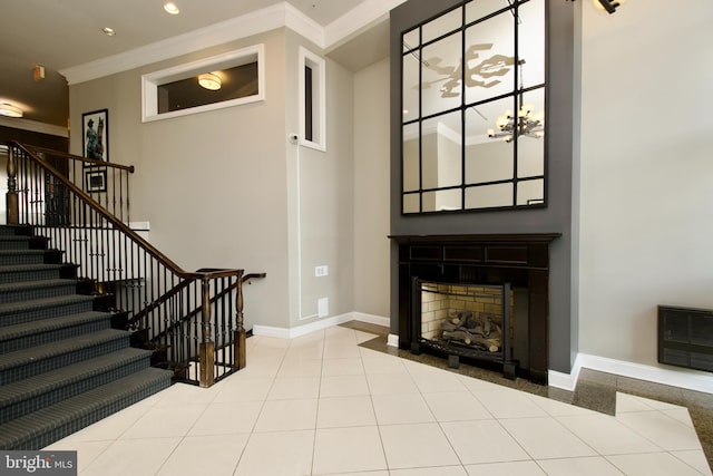 1210 R St NW Unit 313, Washington, DC 20009 - entryway featuring crown molding, baseboards, stairs, a fireplace with flush hearth, and recessed lighting