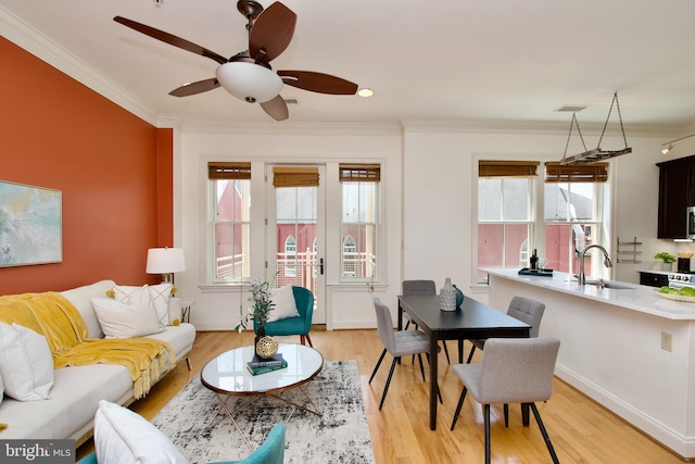 1210 R St NW Unit 313, Washington, DC 20009 - living area with ornamental molding, light wood-style floors, a ceiling fan, and baseboards