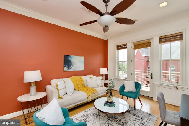 1210 R St NW Unit 313, Washington, DC 20009 - living room featuring baseboards, crown molding, ceiling fan, wood finished floors, and recessed lighting