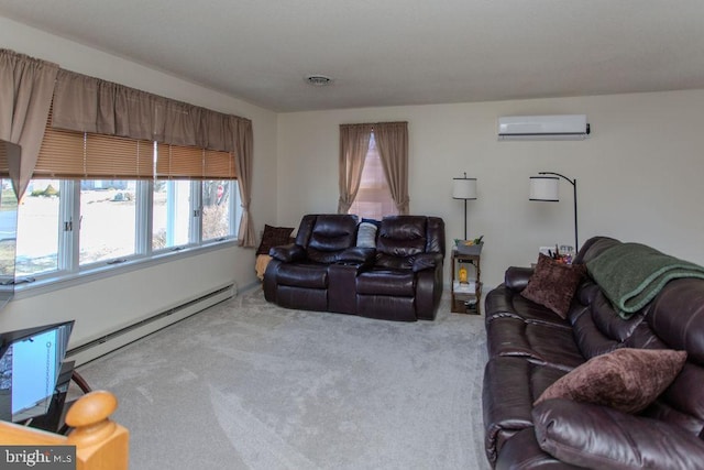 carpeted living area with visible vents, baseboard heating, and a wall mounted AC