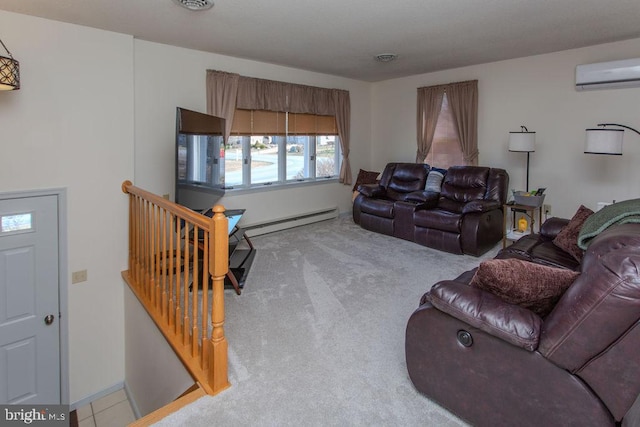 living room with a baseboard radiator, an AC wall unit, and carpet flooring