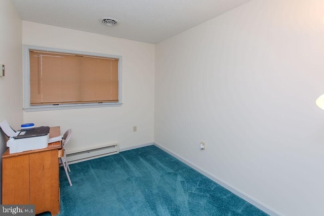 unfurnished office with carpet flooring, baseboards, visible vents, and a baseboard radiator