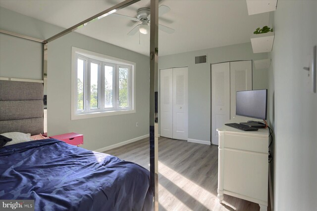 bedroom with multiple closets, light wood-style flooring, a ceiling fan, baseboards, and visible vents