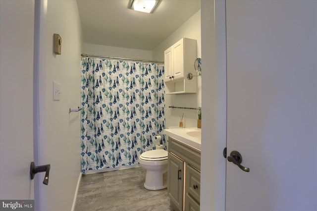full bath with vanity, wood finished floors, toilet, and curtained shower