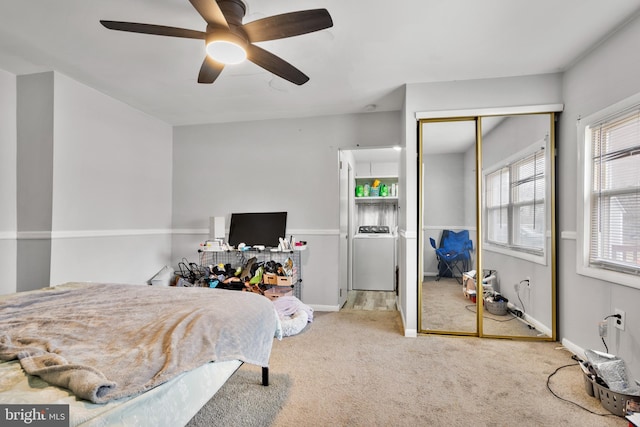 bedroom featuring a closet, baseboards, ceiling fan, and carpet flooring