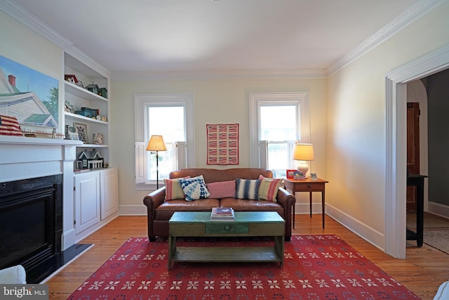 living area with baseboards, ornamental molding, wood finished floors, and a premium fireplace