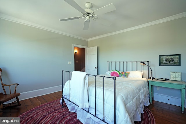 bedroom featuring wood-type flooring, baseboards, ornamental molding, and ceiling fan