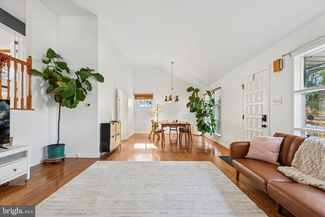 living area featuring baseboards, lofted ceiling, and wood finished floors