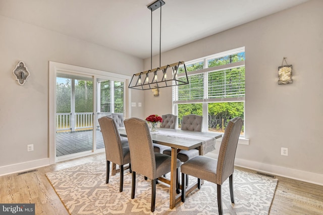19103 Windsor, Drayden, MD 20630 - dining area with wood finished floors, visible vents, a chandelier, and baseboards