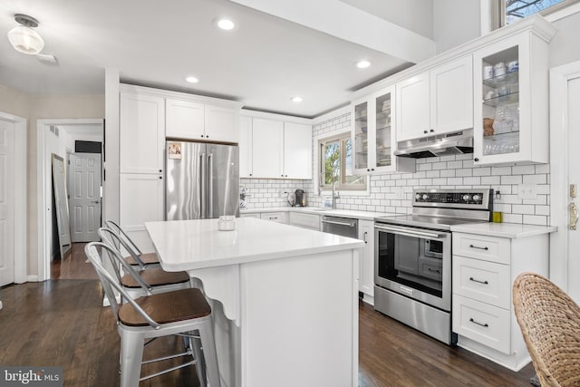 kitchen featuring dark wood-style floors, a breakfast bar area, under cabinet range hood, and stainless steel appliances