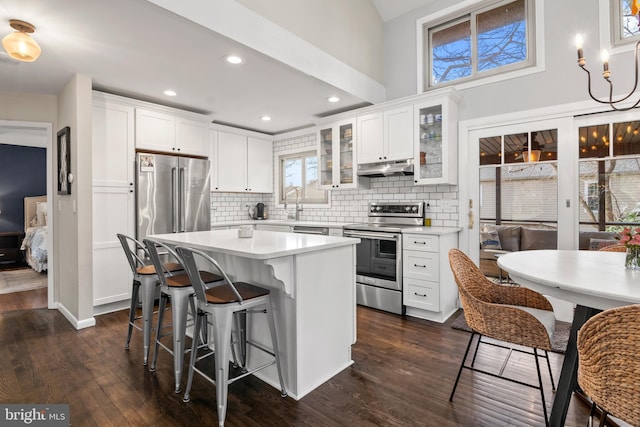 kitchen with a breakfast bar, under cabinet range hood, stainless steel appliances, decorative backsplash, and dark wood-type flooring