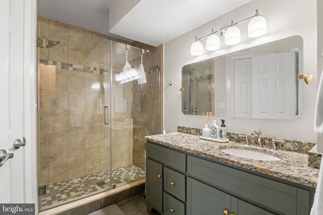 bathroom featuring vanity and a shower stall