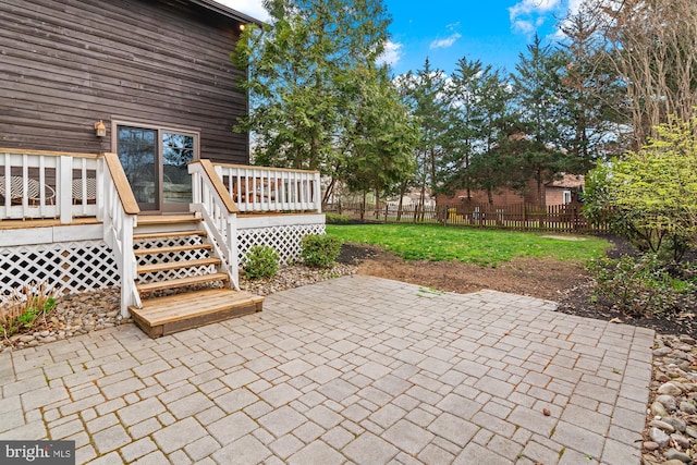 view of patio featuring fence and a wooden deck