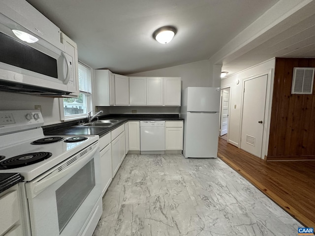 1616 Mulberry Ave, Charlottesville, VA 22903 - kitchen featuring visible vents, white appliances, marble finish floor, and white cabinets