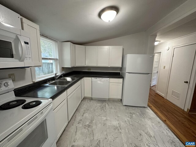 1616 Mulberry Ave, Charlottesville, VA 22903 - kitchen featuring lofted ceiling, white cabinets, marble finish floor, white appliances, and a sink