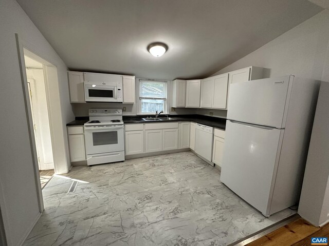 1616 Mulberry Ave, Charlottesville, VA 22903 - kitchen with white appliances, dark countertops, marble finish floor, and a sink