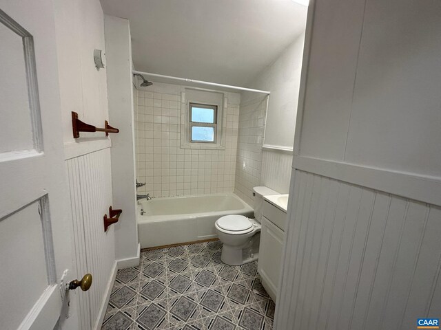1616 Mulberry Ave, Charlottesville, VA 22903 - full bathroom with a wainscoted wall, toilet, tile patterned flooring, tub / shower combination, and vanity