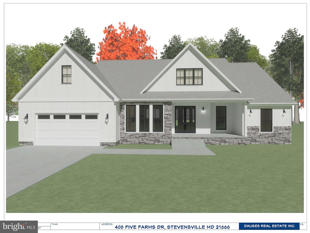 modern farmhouse style home featuring stone siding, driveway, an attached garage, and a front lawn