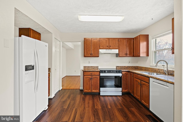 kitchen with a sink, dark wood finished floors, brown cabinets, under cabinet range hood, and white appliances