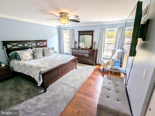 bedroom with hardwood / wood-style floors, crown molding, multiple windows, and a ceiling fan