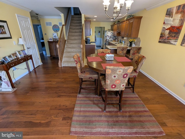 dining room featuring a chandelier, crown molding, stairs, and dark wood-type flooring