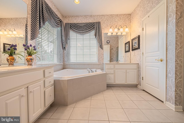 full bath featuring wallpapered walls, a bath, tile patterned floors, and vanity