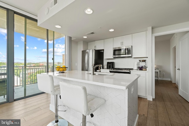 kitchen with visible vents, light wood-style flooring, a sink, expansive windows, and appliances with stainless steel finishes
