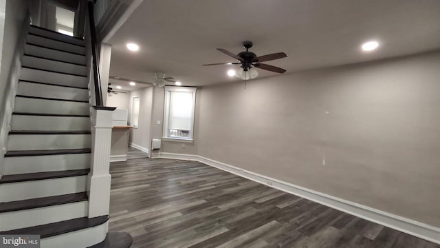 interior space featuring baseboards, dark wood finished floors, recessed lighting, ceiling fan, and stairs